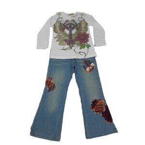 Little Mass Girls Outfit 4 White Graphic Top & Blue Patchwork Flare Jeans Y2K